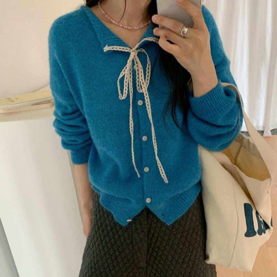 Damen lässiger Strickcardigan mit Kordelzug und feiner Struktur R&B