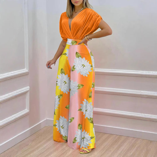 Damen Blusenset mit weitem Hosenbein und floralem Print R&B