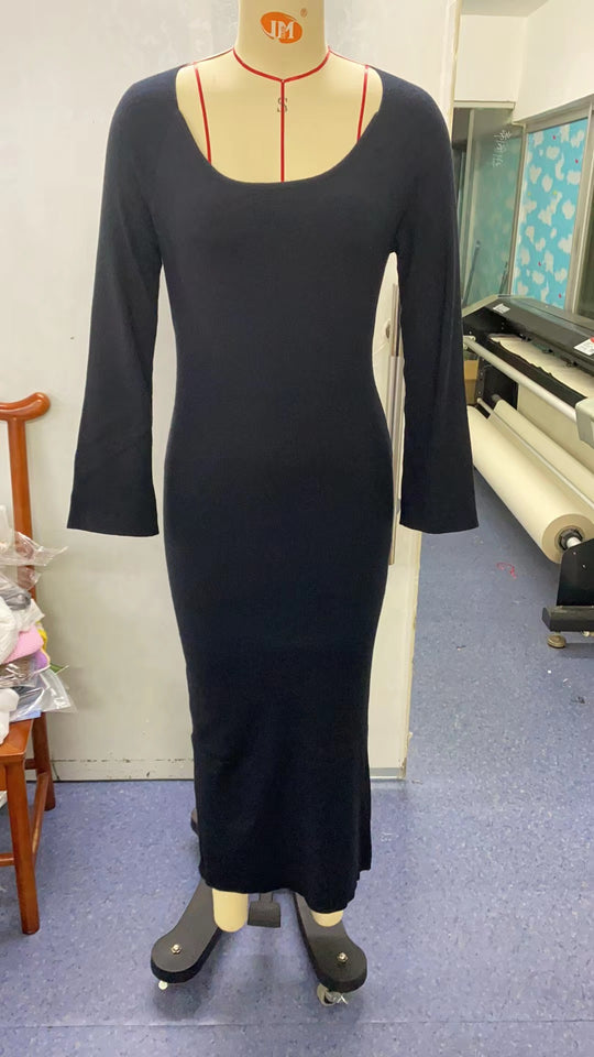 Damen elegantes Maxikleid mit tiefem Rundhals und modernen Trompetenärmeln R&B