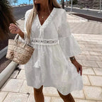 Damen Sommerkleid mit luftigen Trompetenärmel und elegantem Häkelgürtel R&B