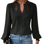 Damen Bluse mit gesticktem V-Ausschnitt und langen Ärmeln R&B