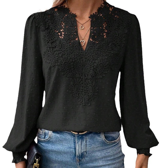 Damen Bluse mit gesticktem V-Ausschnitt und langen Ärmeln R&B