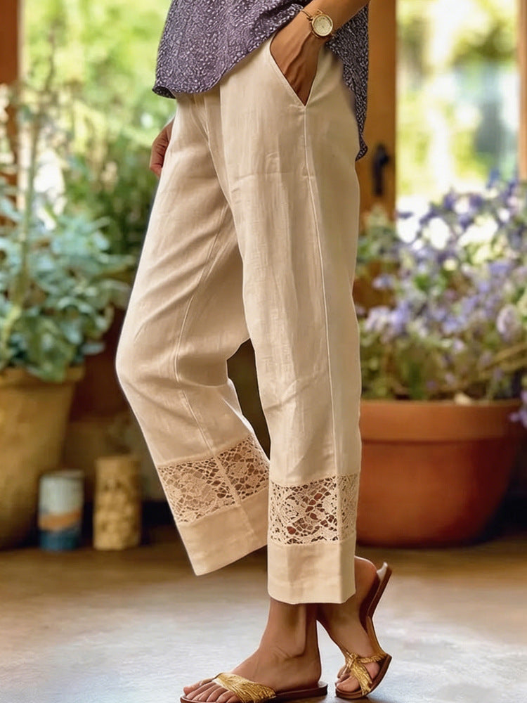 Damen Leichte Leinenhose mit Spitzenakzenten R&B
