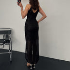 Damen Elegant Funktionskleid mit schimmerndem Paillettenstoff und tiefem V-Ausschnitt R&B