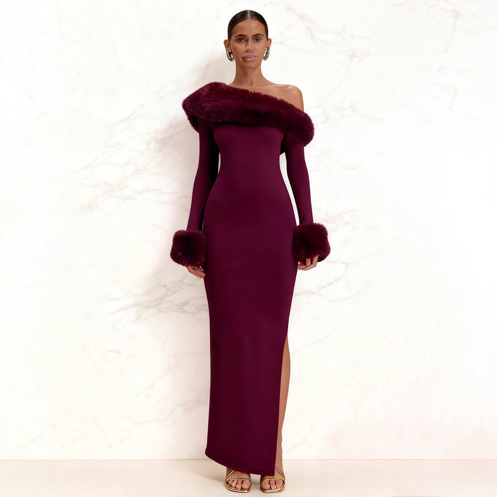Damen Langarm-Maxikleid mit schulterfreier Optik und eleganten Fellakzenten R&B