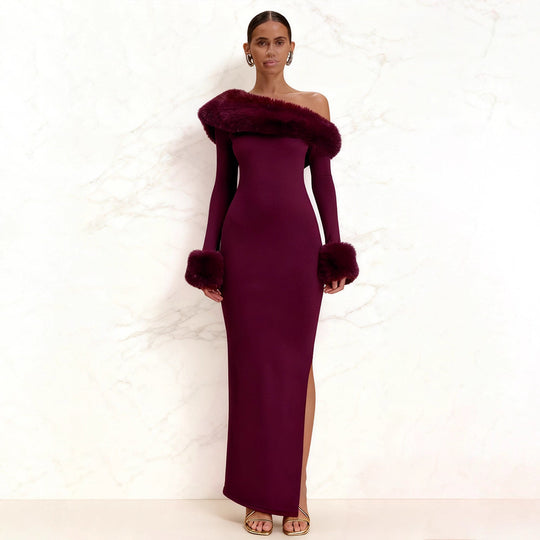 Damen Langarm-Maxikleid mit schulterfreier Optik und eleganten Fellakzenten R&B