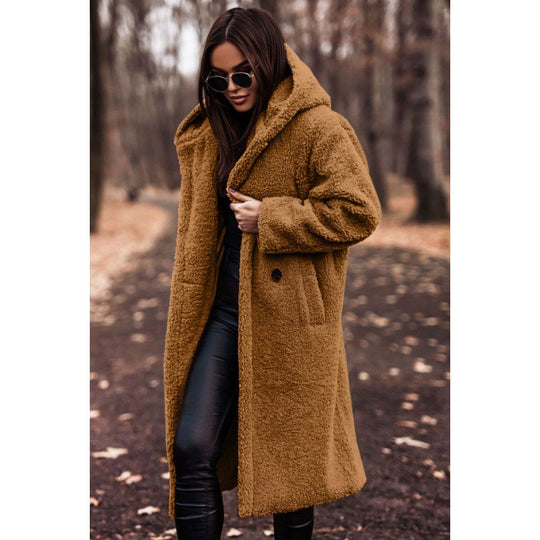 Damen Flauschiger Teddy-Mantel mit Kapuze und Knopfdetaillierung R&B