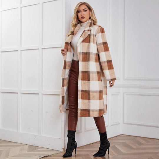 Damen Flauschiger Karomantel mit elegantem Revers und praktischen Taschen R&B