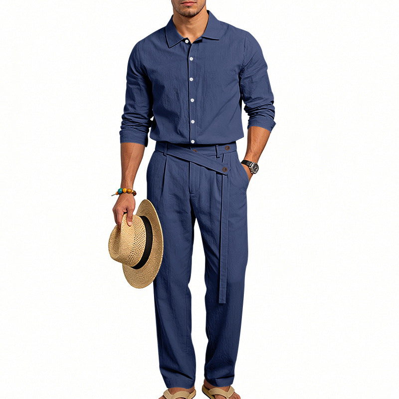 Herren nan eleganter Leinen-Zweiteiler mit Hemd und Hose mit hohem Bund und Bindegürtel R&B
