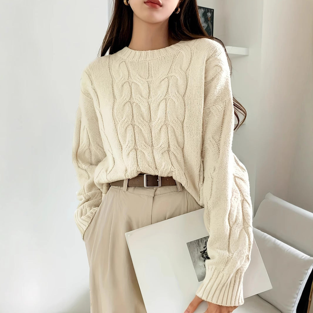 Damen Gemusterter Strickpullover mit voluminösen Ärmeln und Rundhalsausschnitt