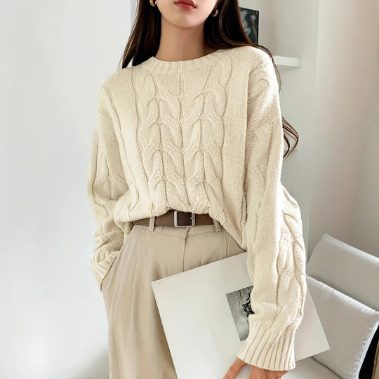 Damen Gemusterter Strickpullover mit voluminösen Ärmeln und Rundhalsausschnitt R&B