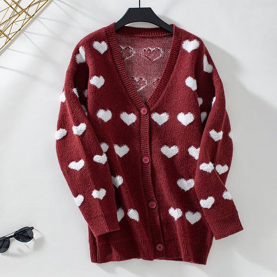 Damen gemütliche Strickjacke mit Herzmuster und V-Ausschnitt R&B