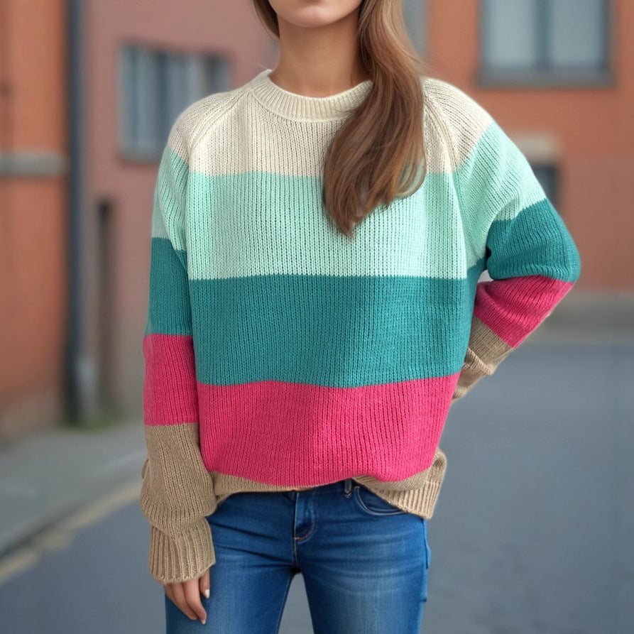 Damen lässiger Strickpullover mit bunten Blockstreifen und weitem Schnitt R&B