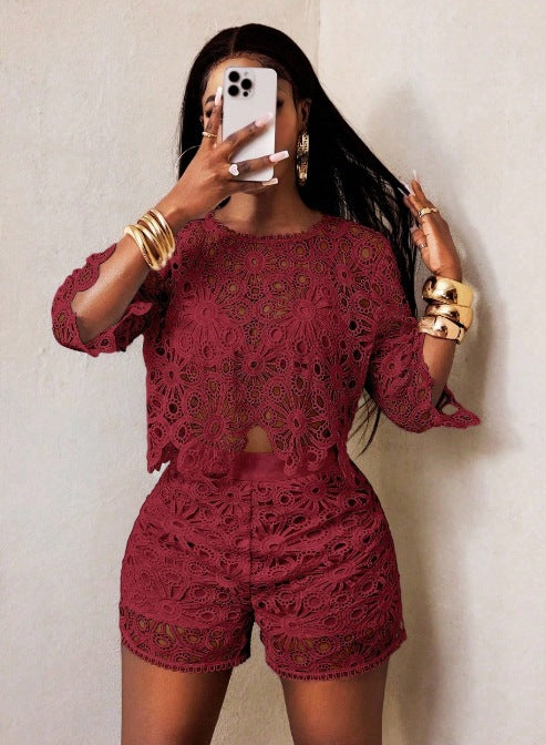 Damen nan gehäkeltes zweiteiliges Set mit Crop-Top und taillenhohen Shorts R&B