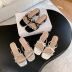 Damen elegante Sandalen mit funkelnder Strass-Applikation und bequemer Blockabsatz