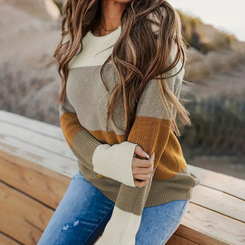 Damen modischer Strickpullover mit modernem Streifen-Design und langen Ärmeln R&B
