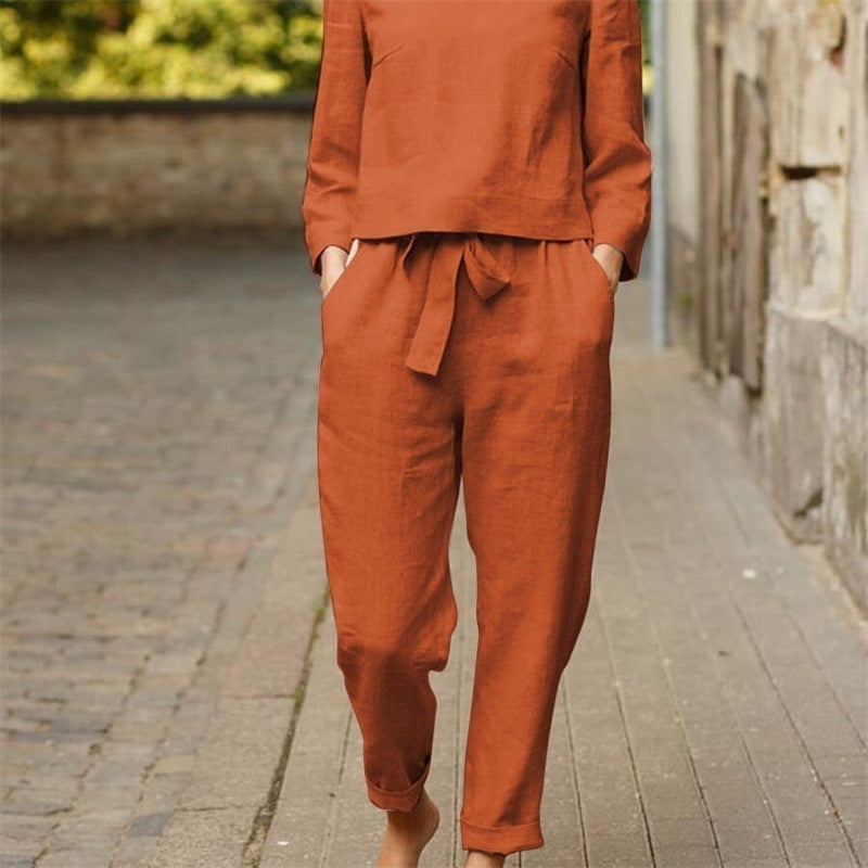 Damen Lässiges Zweiteiliges Leinen-Outfit mit breitem Bund R&B