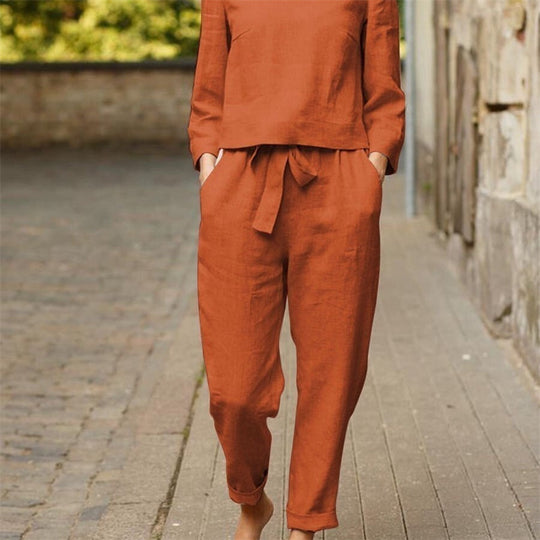 Damen Lässiges Zweiteiliges Leinen-Outfit mit breitem Bund R&B