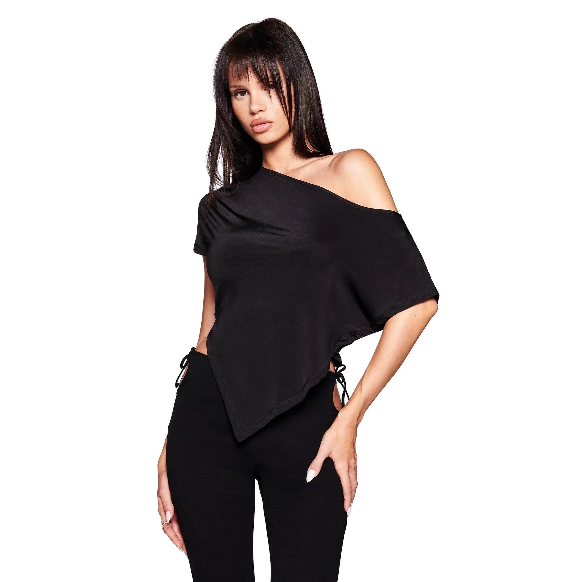 Damen asymmetrisches Kurzarm-T-Shirt mit auffälligem Streifenmuster und lässigem Schnitt R&B