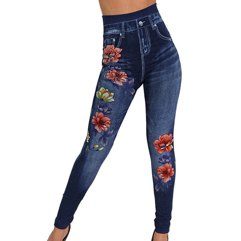 Damen Elegante Jeansleggings mit floralen Applikationen und hohem Bund R&B