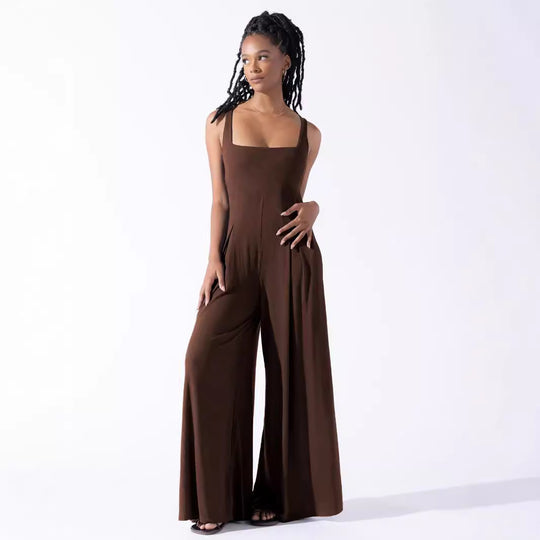 Damen Jumpsuit mit weit geschnittenem Bein und tiefem Rückenausschnitt R&B