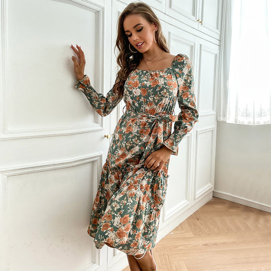 Damen Maxikleid mit elegantem floralen Design und taillierbarem Gürtel R&B