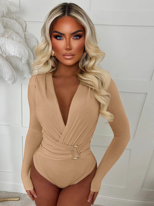 Damen Body mit tiefem V-Ausschnitt und schmalem Gürtel R&B