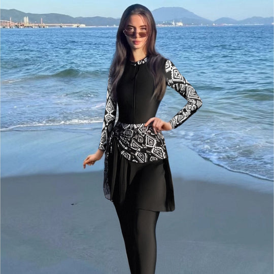 Damen Modischer Schwimmanzug mit Zip und asymmetrischem Rock R&B