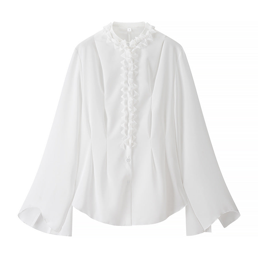 Damen elegante Bluse mit Rüschenkragen und weiten Ärmeln R&B