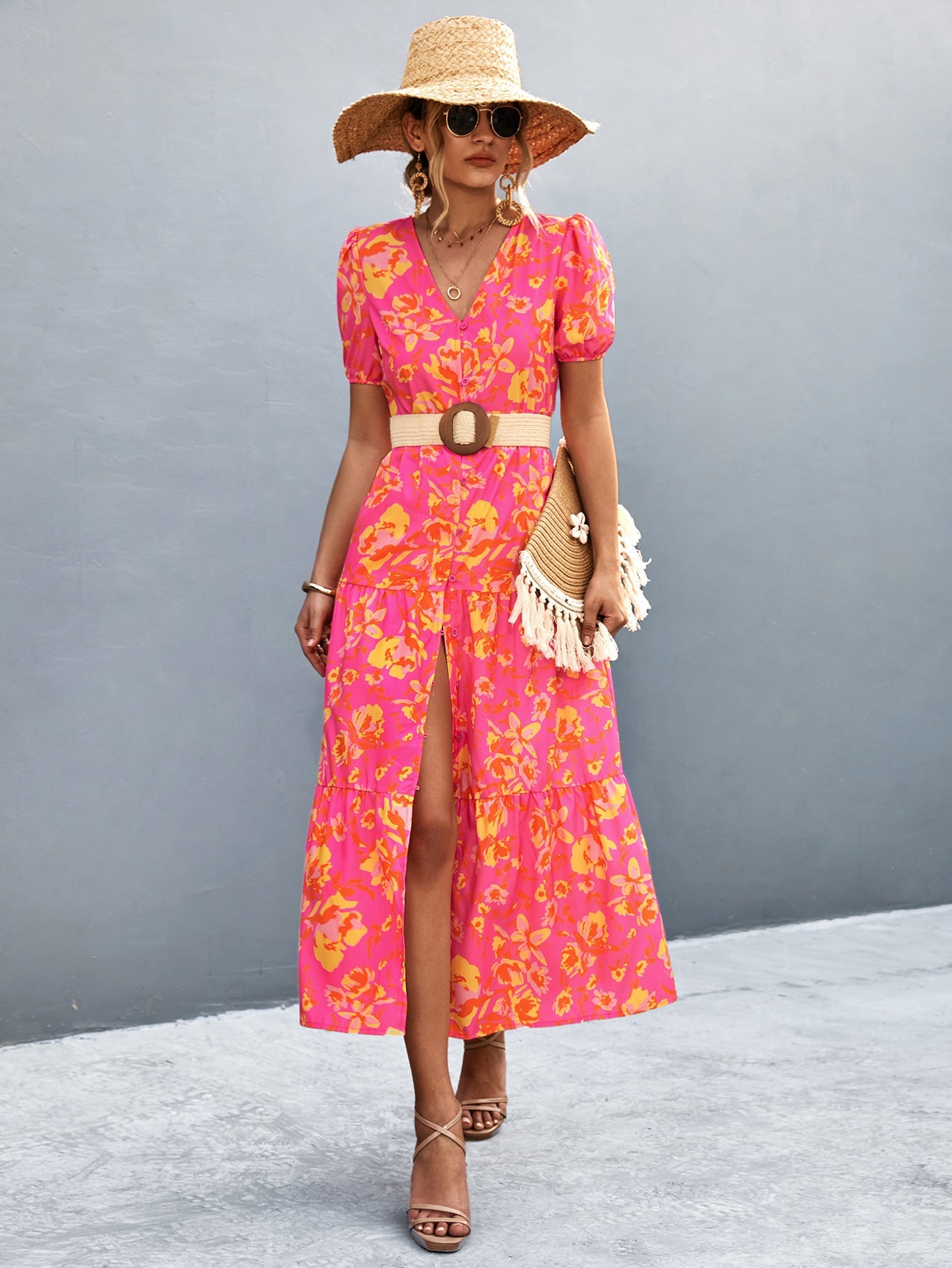 Damen Maxi-Kleid mit voluminösen Ärmeln und eleganten Knopfdetails R&B