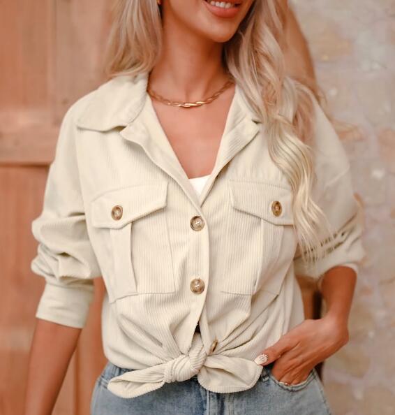Damen lässige Kordjacke mit Knopfverschlüssen und Taschen R&B