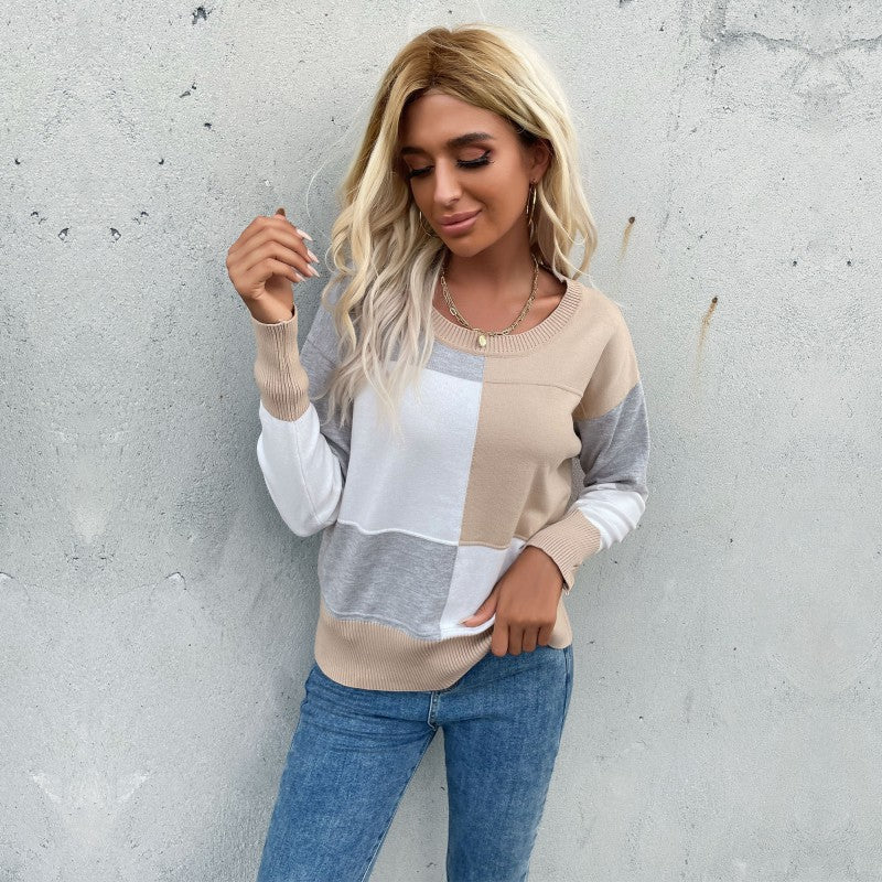 Damen Gemusterter Sweatpullover mit Farbblockdesign und Rundhalsausschnitt R&B