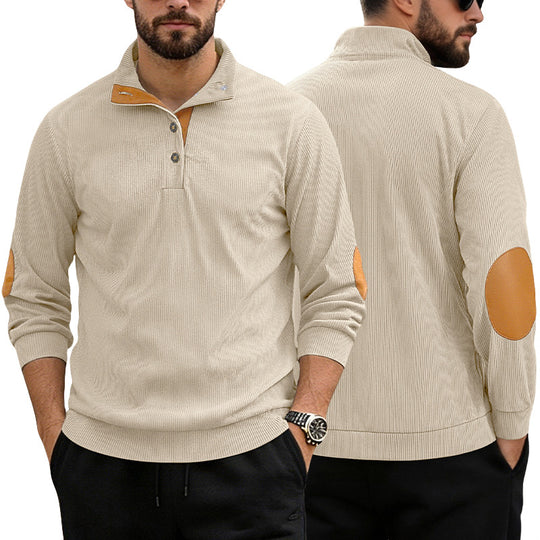 Herren nan lässiger Strukturpullover mit Polokragen, kurzer Knopfleiste und veganen Lederbesätzen R&B