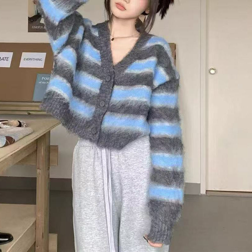 Damen lässiger Crop-Cardigan mit strukturiertem Streifenmuster und Knopfdetails R&B