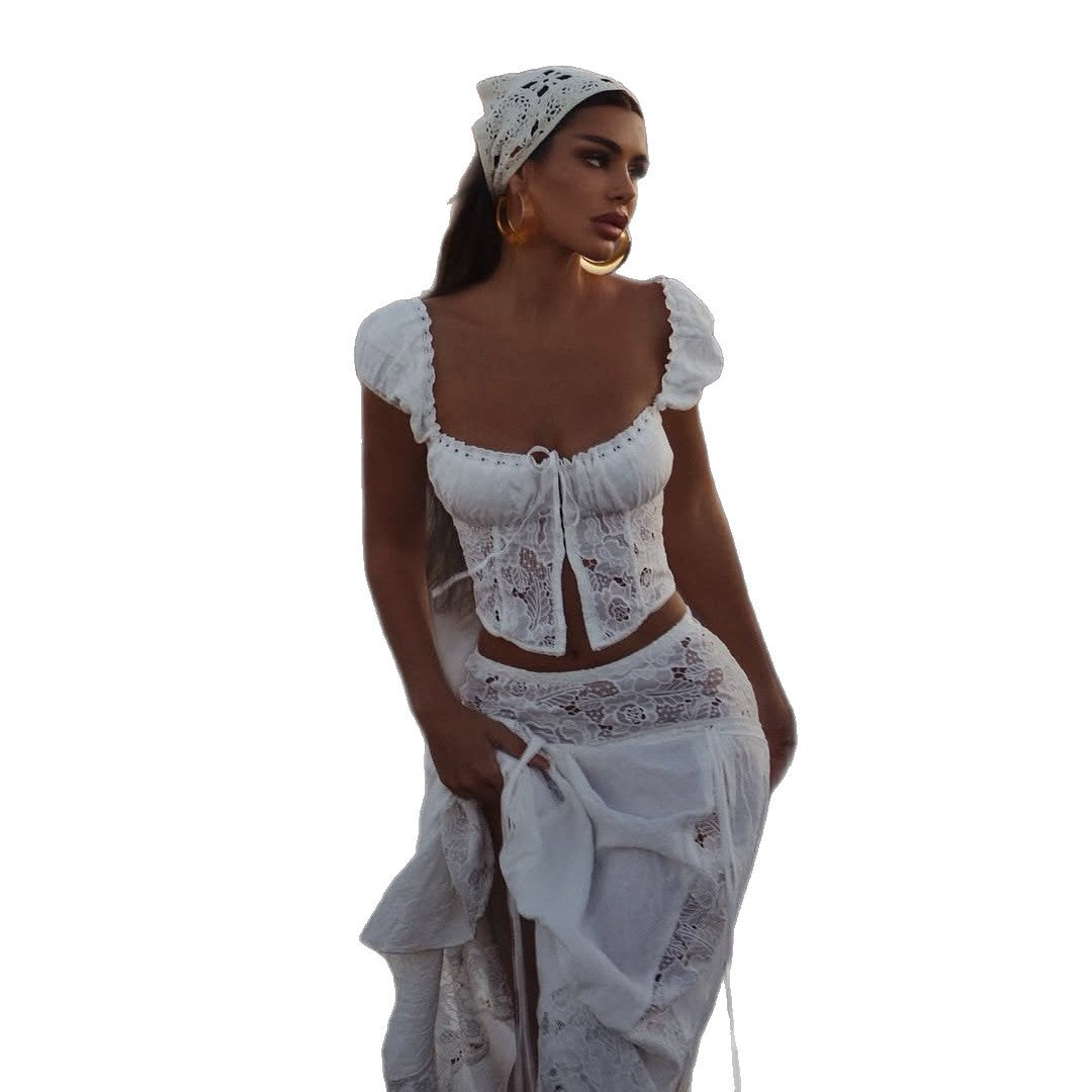 Damen Spitzen Crop-Top mit Puffärmeln R&B