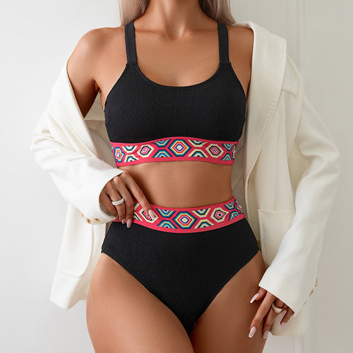 Damen Sportlicher Hochtaillen-Bikini mit buntem elastischen Bund R&B