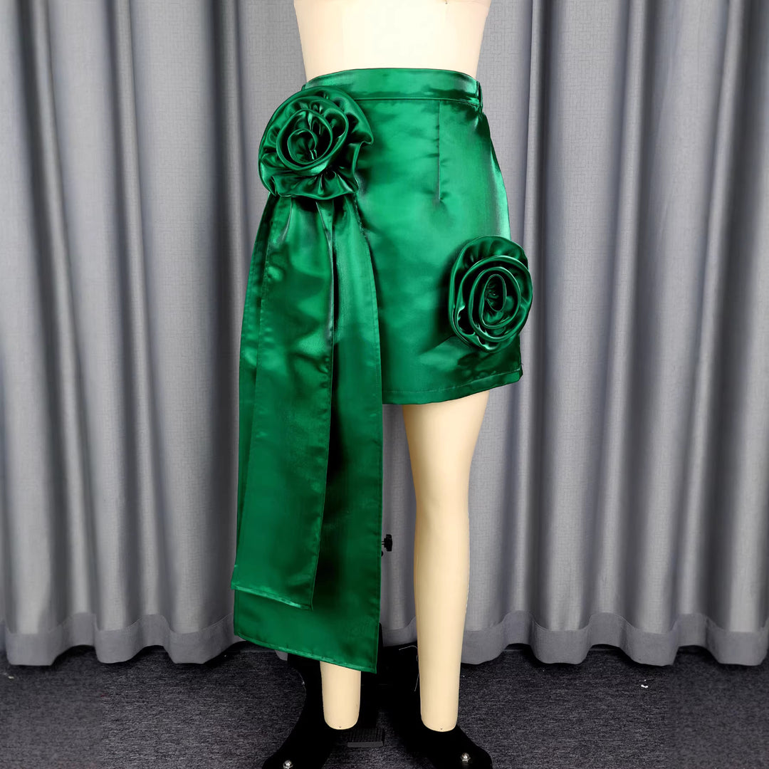 Damen Satinrock mit floralem Rüschen-Design und taillierter Schleife R&B