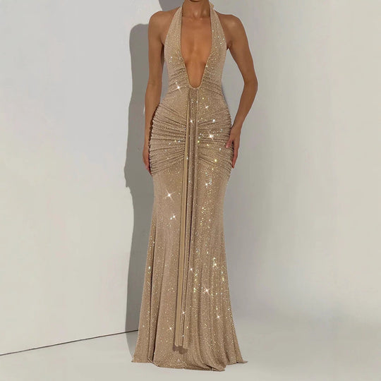 Damen Glamouröses Abendkleid mit tiefem V-Ausschnitt und funkelnden Details R&B
