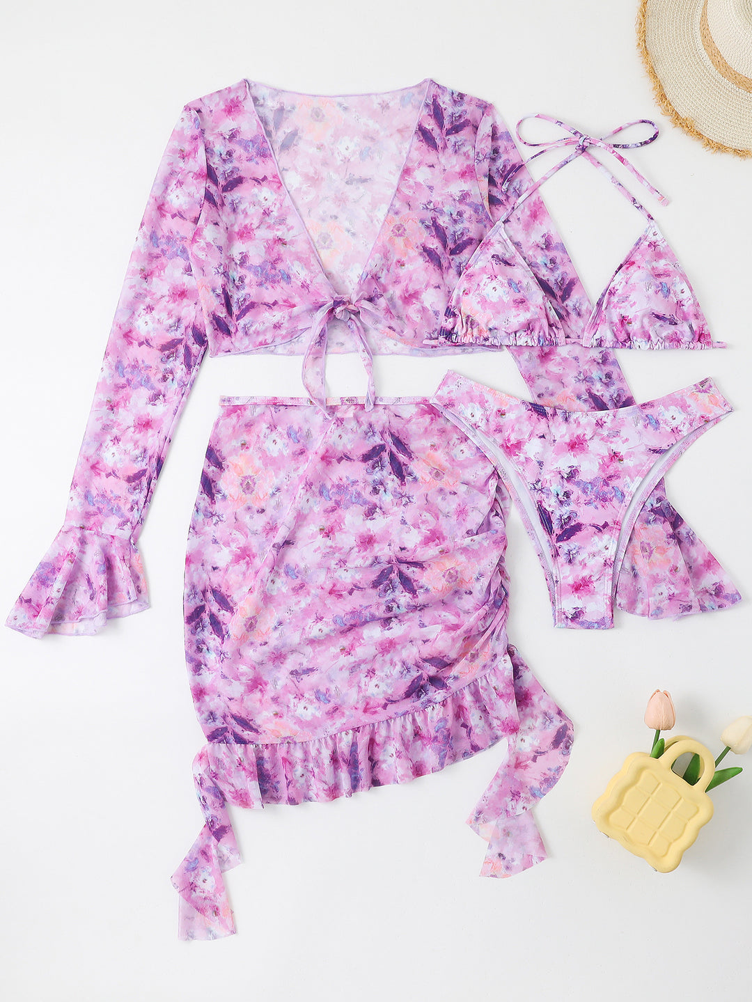 Damen Badeset mit floralem Design, kurzem Oberteil und Wickelrock R&B