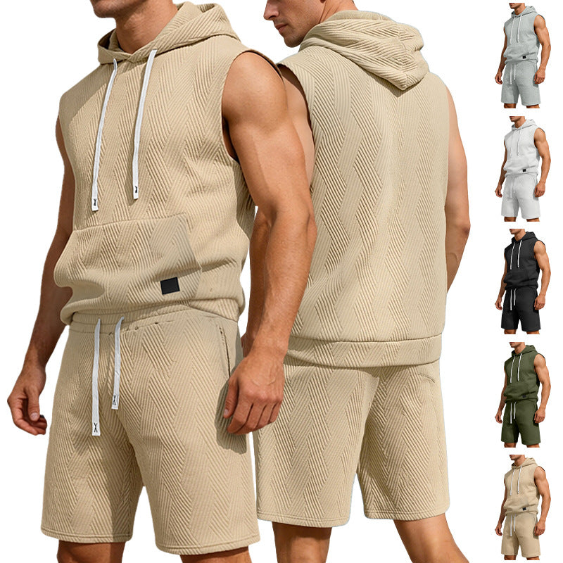 Herren nan ärmelloses Kapuzen-Lounge-Set aus strukturierter Baumwollmischung mit Kängurutasche und elastischer Freizeithose R&B