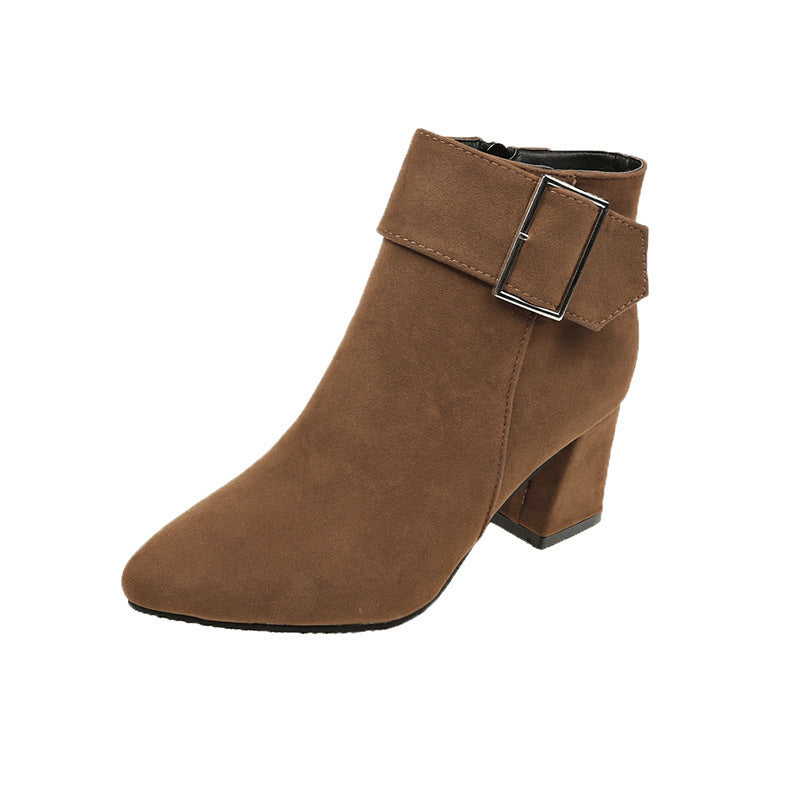 Damen nan elegante Wildlederoptik Stiefelette mit mittelhohem Blockabsatz und breitem Schnallenriemen R&B