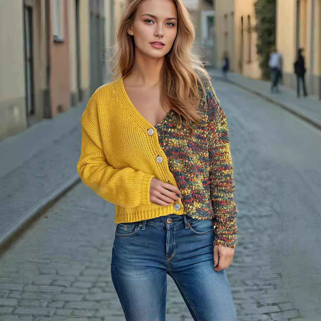 Damen lässige Strickjacke mit farbenfrohen Akzenten und Knopfdetails R&B