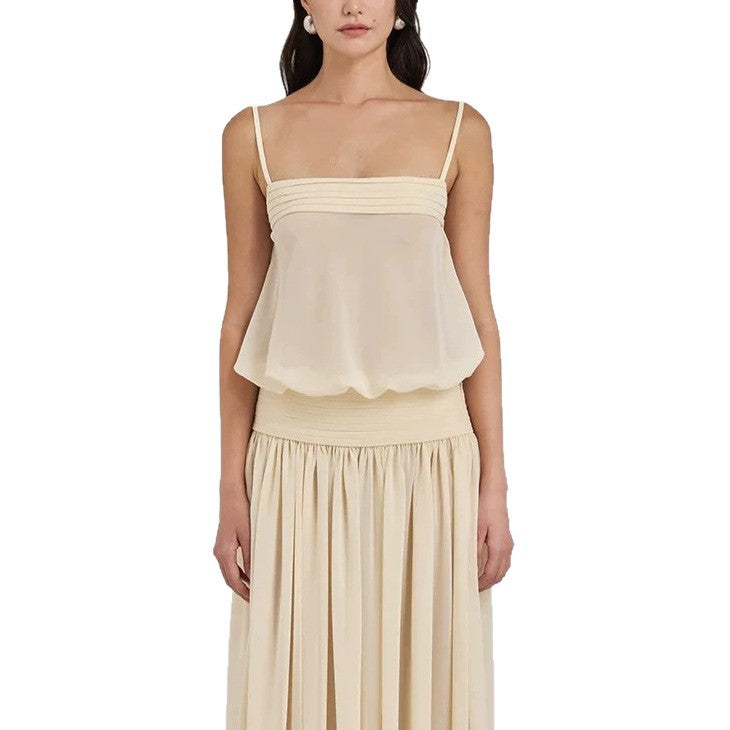 Damen Maxi-Kleid mit fließendem Chiffon-Oberteil und elastischem Bund R&B