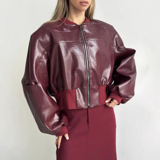Damen trendige cropped Kunstlederjacke mit voluminösen Ärmeln R&B