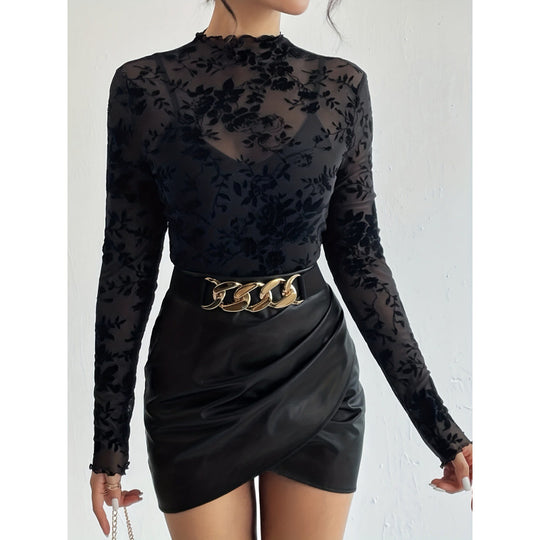 Damen Langarmshirt mit floralem Chiffon und transparenten Details R&B