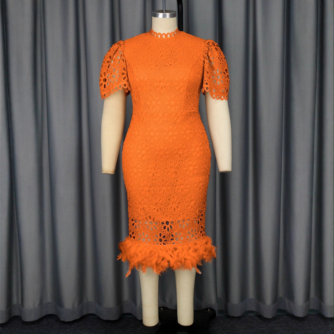 Damen Hochwertiges Spitzenkleid mit voluminösen Puffärmeln und fransigem Saum R&B