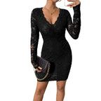 Damen Spitzenkleid mit V-Ausschnitt und langem Arm R&B