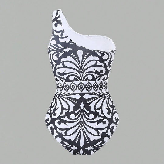 Damen Einteiler Badeanzug mit elegantem asymmetrischen Design und passender Hose R&B