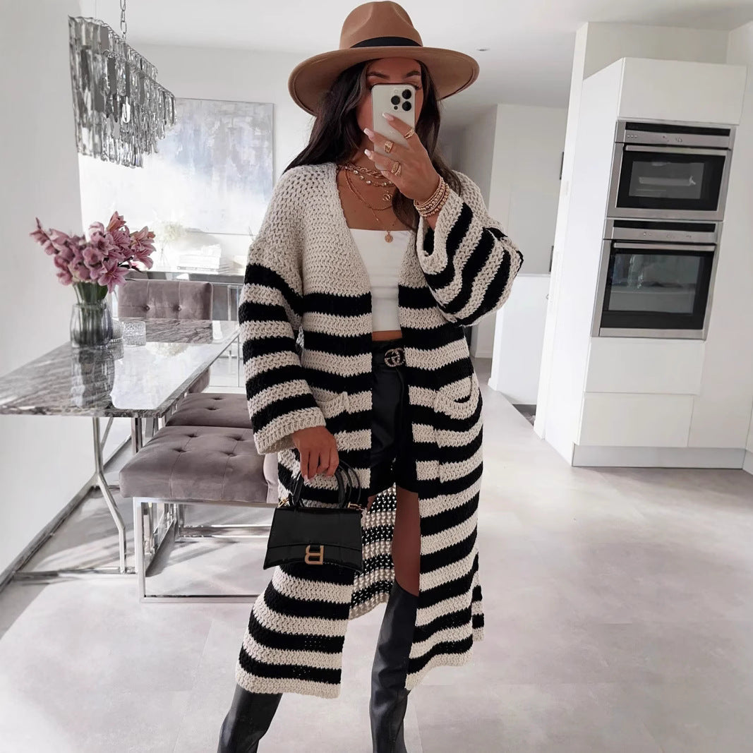 Damen Grobstrickjacke mit gestreiftem Design und lässigem Schnitt R&B
