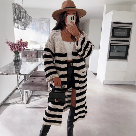 Damen Grobstrickjacke mit gestreiftem Design und lässigem Schnitt R&B